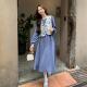 蓝色复古印花马甲连衣裙女2025春秋新款 设计感小众气质显瘦两件套