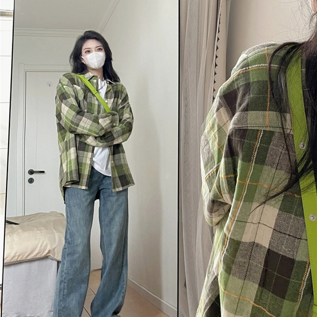 法式复古绿色格子衬衫衬衣外套女春秋装女2025年新款宽松长袖上衣