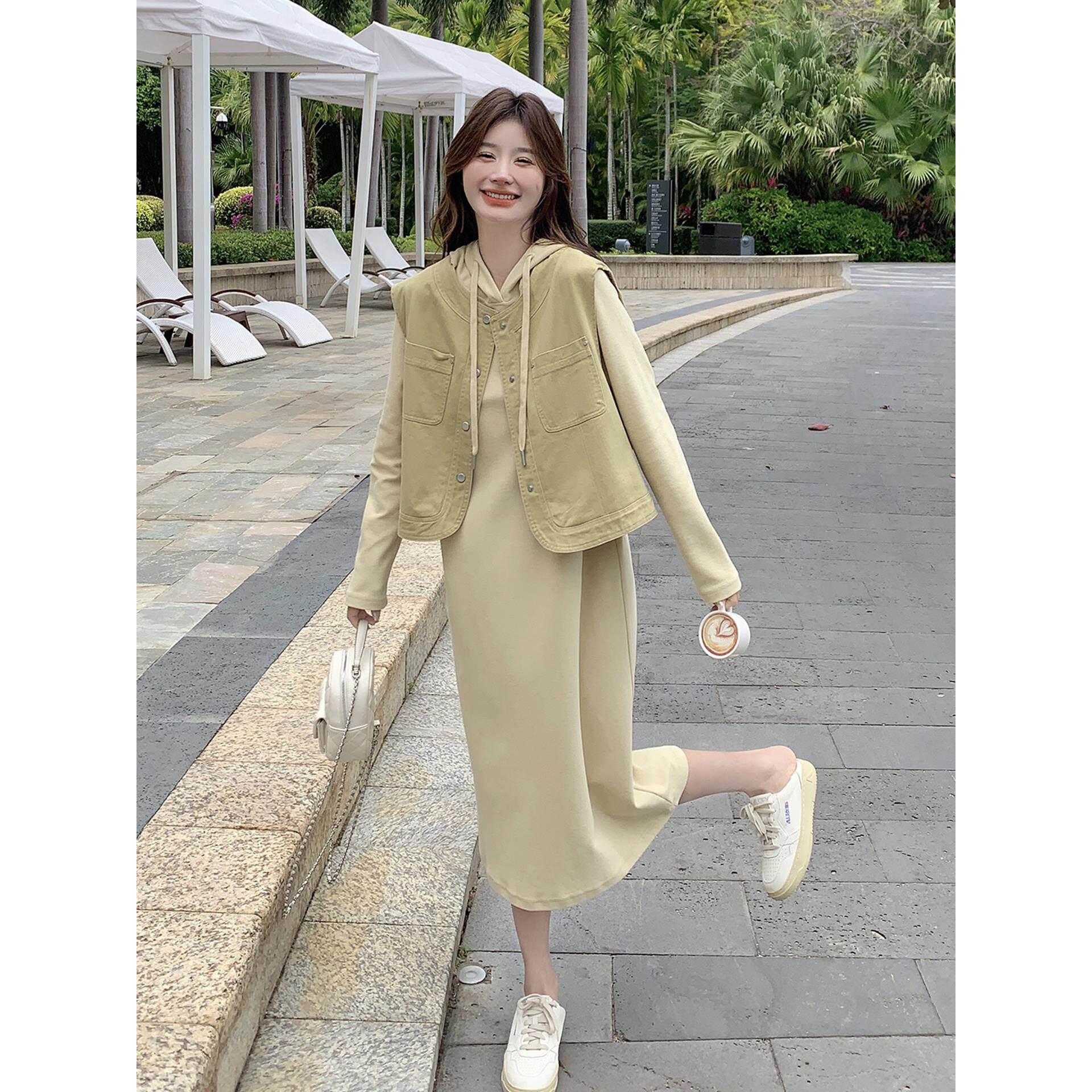 黄色连帽卫衣裙套装女春秋新款小时尚套装