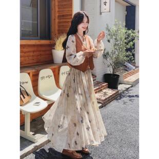 麂皮绒马甲碎花裙套装 高级感气质显瘦长裙两件套潮 春秋女2025新款