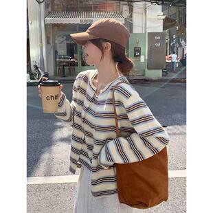 早秋流行韩系氛围感穿搭一整套撞色条纹针织开衫 吊带上衣两件套装