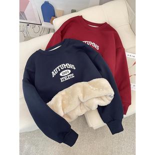 圆领卫衣女加厚加绒套头无帽秋冬装 小个子羊羔绒宽松打底上衣 新款