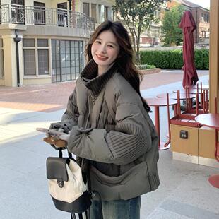 灰绿色羽绒服女冬新款针织拼接慵懒风韩系小个子加厚90白鸭绒外套