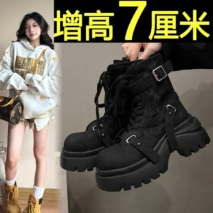 英伦风百搭帆布靴子 新款 7CM 复古设计感纯色厚底马丁靴女2025秋季