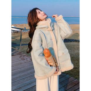 薄荷绿连帽皮毛一体羊羔毛外套女秋冬减龄加绒加厚麂皮绒棉服爆款