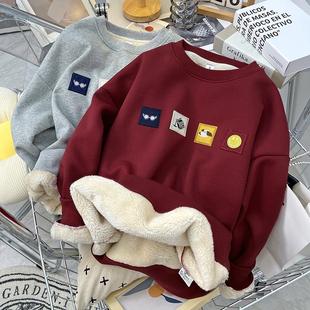 宽松圆领套头无帽绣花保暖打底衫 加绒加厚羊羔绒卫衣女秋冬装 新款