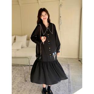 小个子显瘦拼接长裙子 2025新款 温柔系穿搭娃娃领长袖 连衣裙女秋季