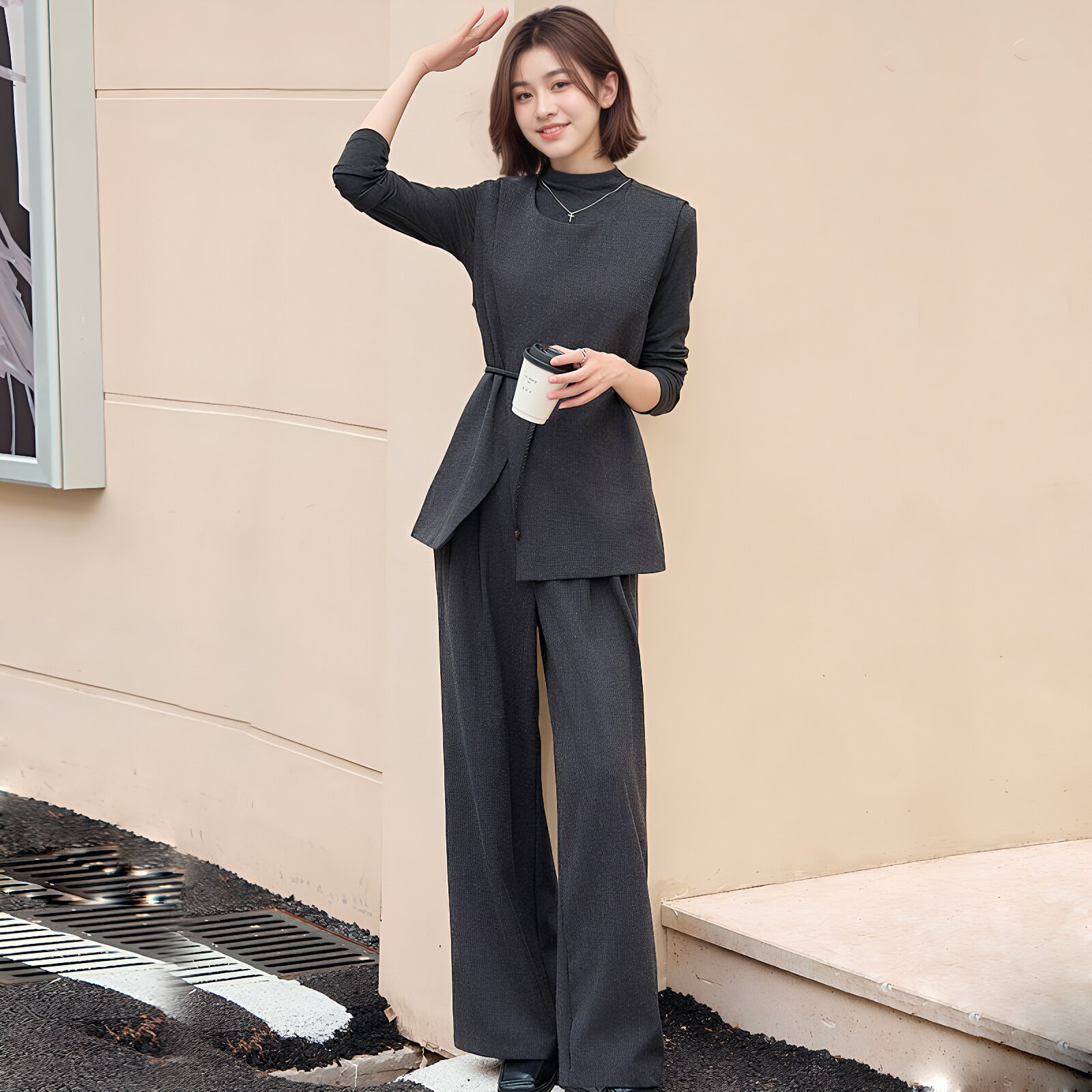 时尚韩式三件套女秋冬2025新款高级感减龄马甲打底衫休闲裤半身裙