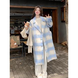 减龄中长款 韩系气质时尚 呢子大衣 新款 蓝色格子毛呢外套女2024冬季