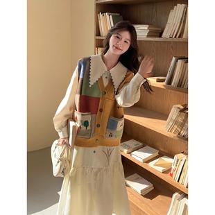 2025新款 女秋季 学院风针织马甲两件套 娃娃领连衣裙套装 米白色法式