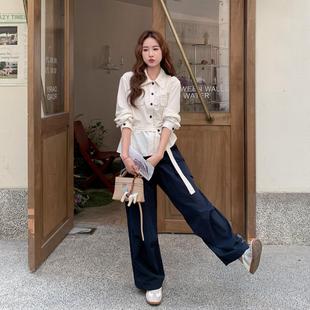藏青色一整套穿搭长裤 又a又飒白色衬衫 2025新款 女秋季 两件套 套装