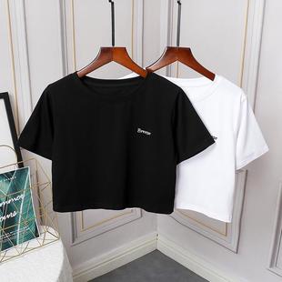 宽松ins潮漏肚脐纯棉白色短袖 高腰短款 韩版 新款 上衣 t恤女2025夏季