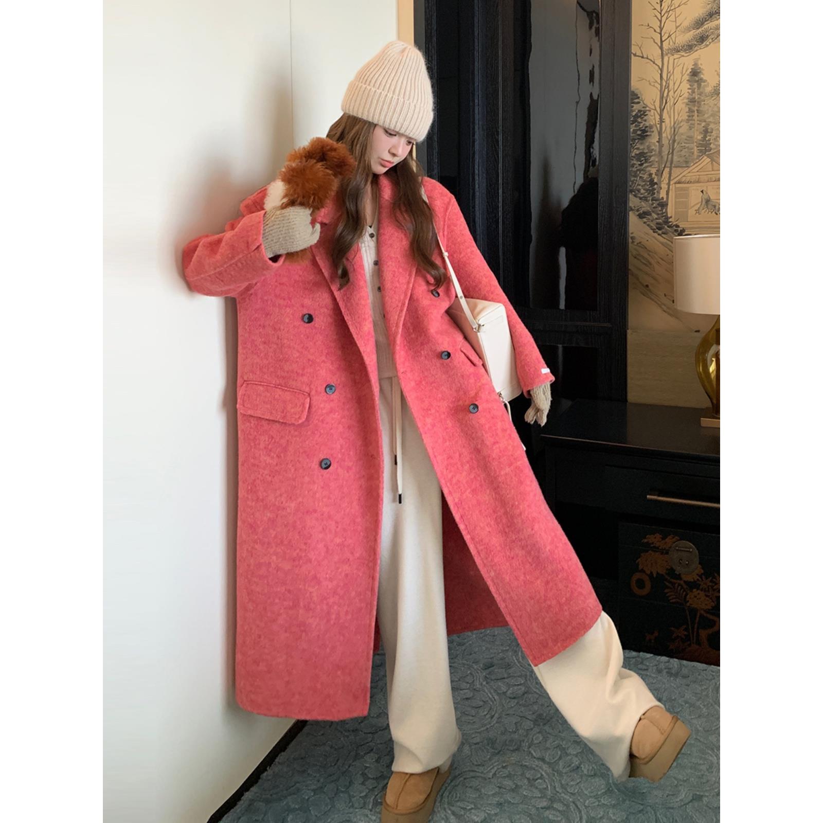 玫红色面羊绒大衣女秋冬季新款赫本风高级感双中长款加厚毛呢外套