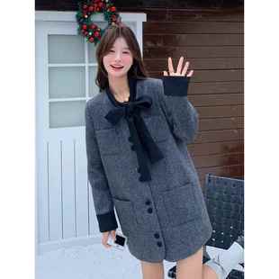 呢子大衣 小个子加棉加厚中长款 灰色蝴蝶结毛呢外套冬季 女2024新款