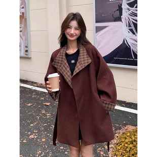 呢外套 高级感格纹拼接宽松中长款 安可拉红毛呢大衣冬季 女2024新款