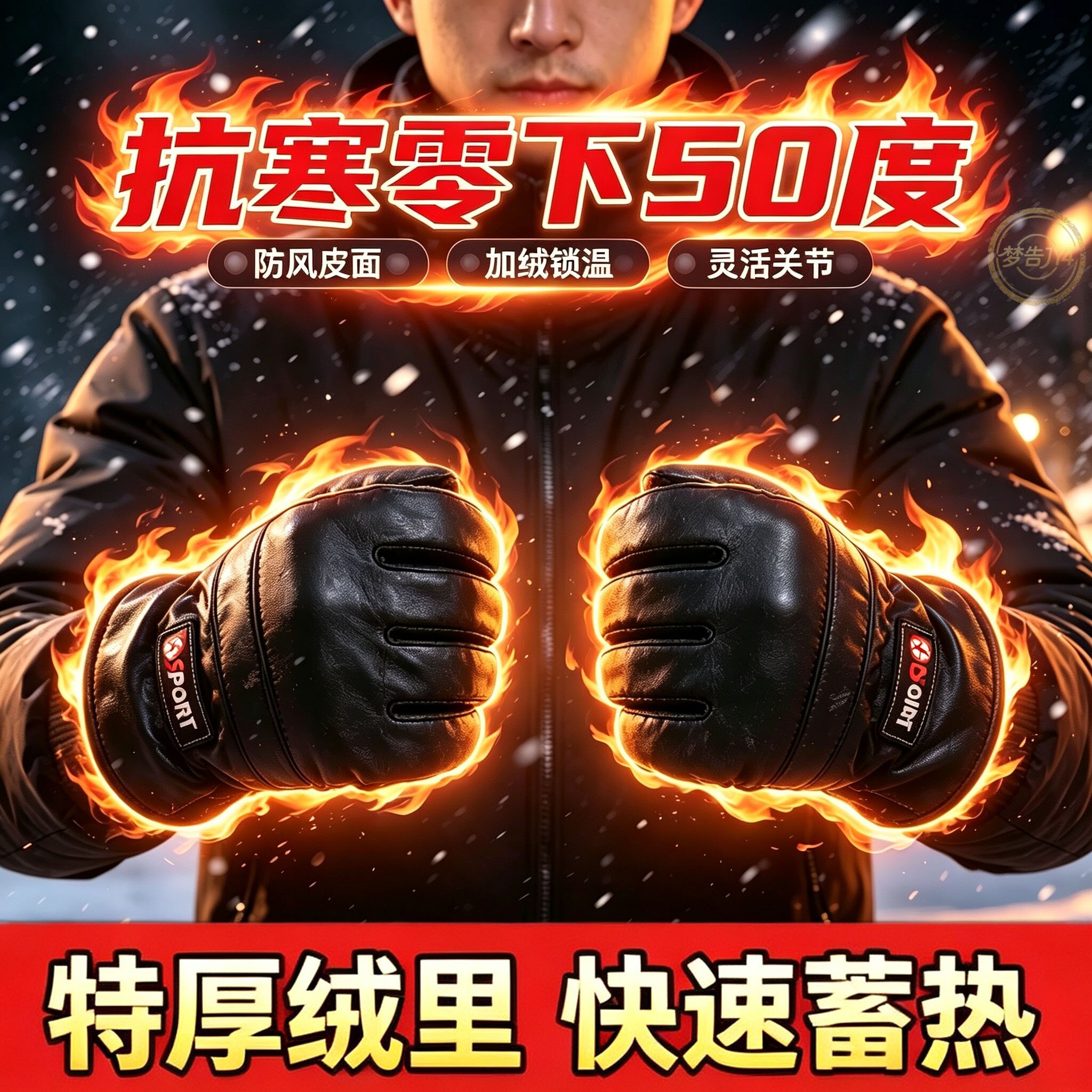 冬季男士保暖手套自行车徒步羊皮防护触控工作超厚纯棉耐磨御寒