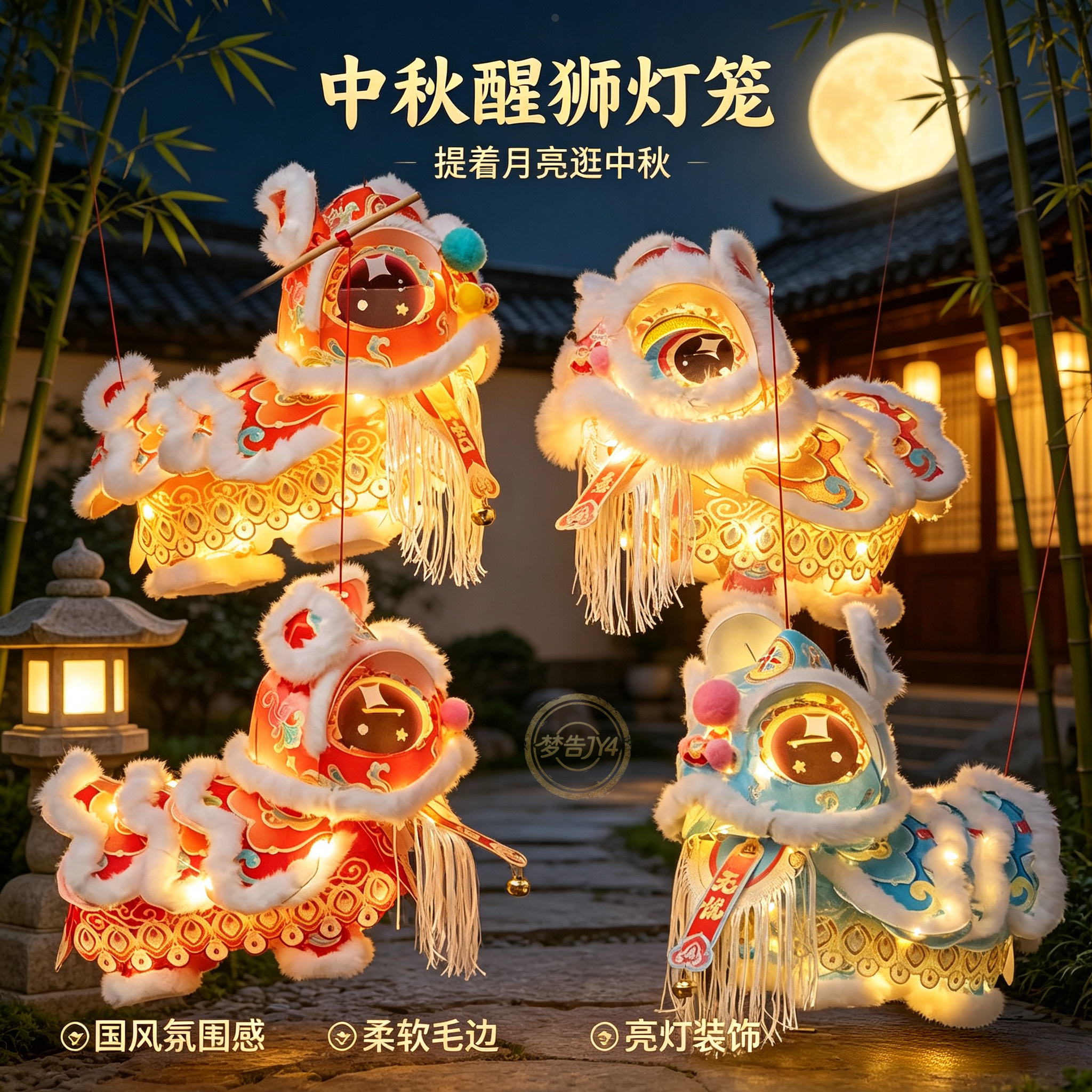 中秋儿童手提发光醒狮花灯图片