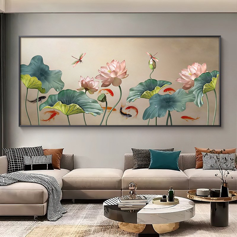 轻奢油画新中式客厅装饰画轻奢高级感挂画沙发背景横幅荷花九鱼图图片