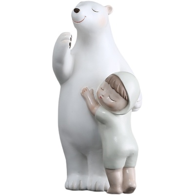 北极熊抱小女孩摆件现代家居软装样板房间卧室儿童房卡通动物摆设