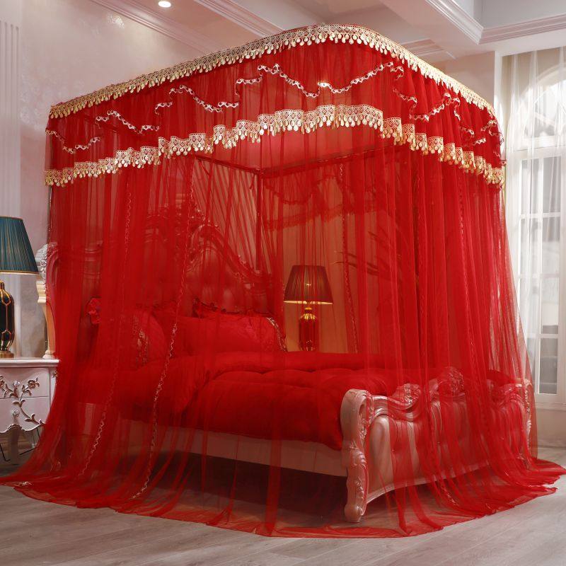 大红轨道式婚庆蚊帐U型宫廷导轨结婚蚊帐家用公主风三开门2双人床