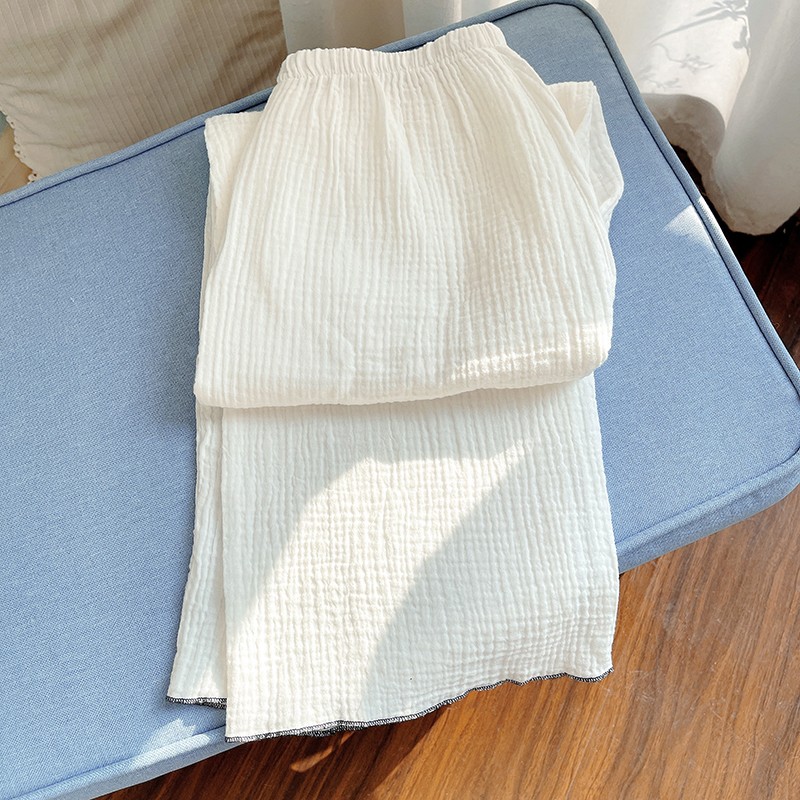 秋冬薄款睡裤女纯棉家居裤日系纯色棉纱带口袋长裤暖气房睡裤女士