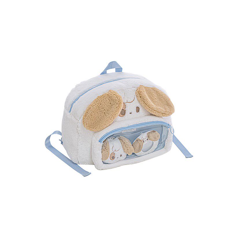 柔设毛绒紫色透明吧唧痛包双肩包软乎乎学生背包书包可爱猫狗女生