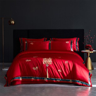 结婚大红全棉长绒棉100支四件套婚庆结婚陪嫁礼品床单被套多件套