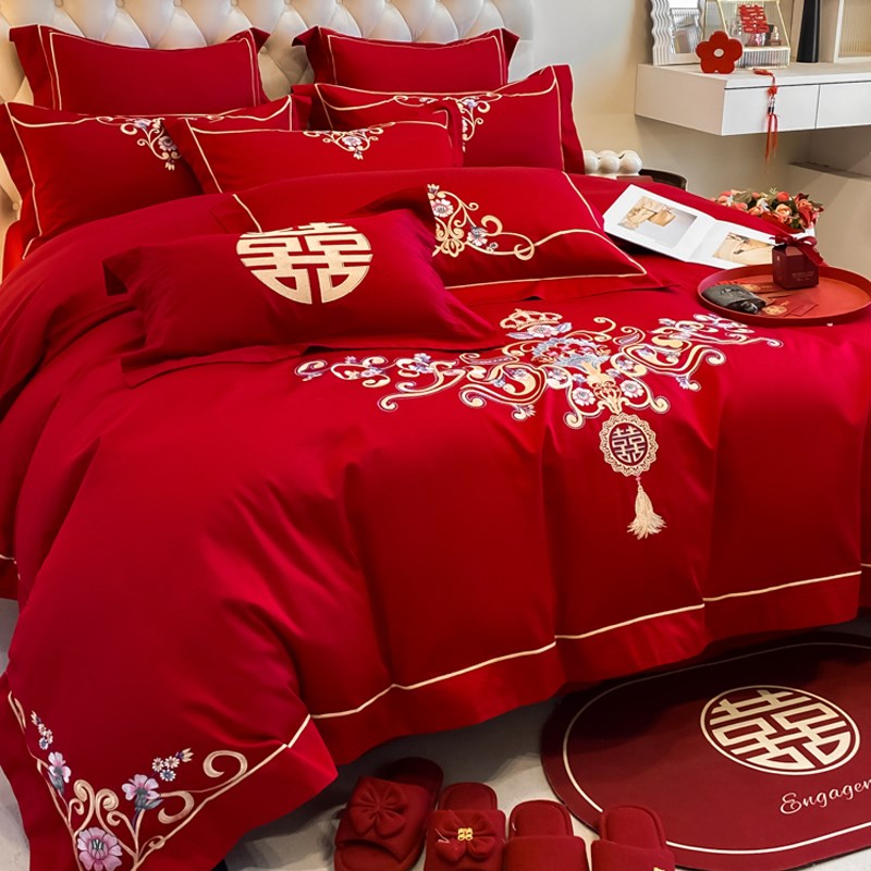 高档180支婚庆四件套红色床单纯棉全棉被套结婚陪嫁床上用品婚房4