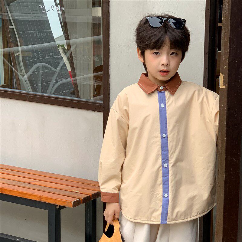 虾酱麻麻男童加绒衬衫长袖冬季2024新款男孩撞色加厚儿童保暖衬衣