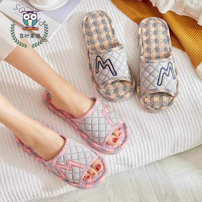 新款纯棉布艺情侣拖鞋女春秋简约韩版家居静音防滑加厚三层地板拖
