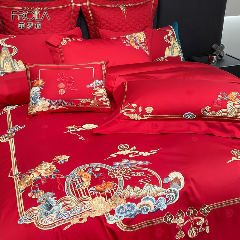 婚庆结婚四件套红色婚房喜被床单刺绣被套被单婚礼大红色床上用品