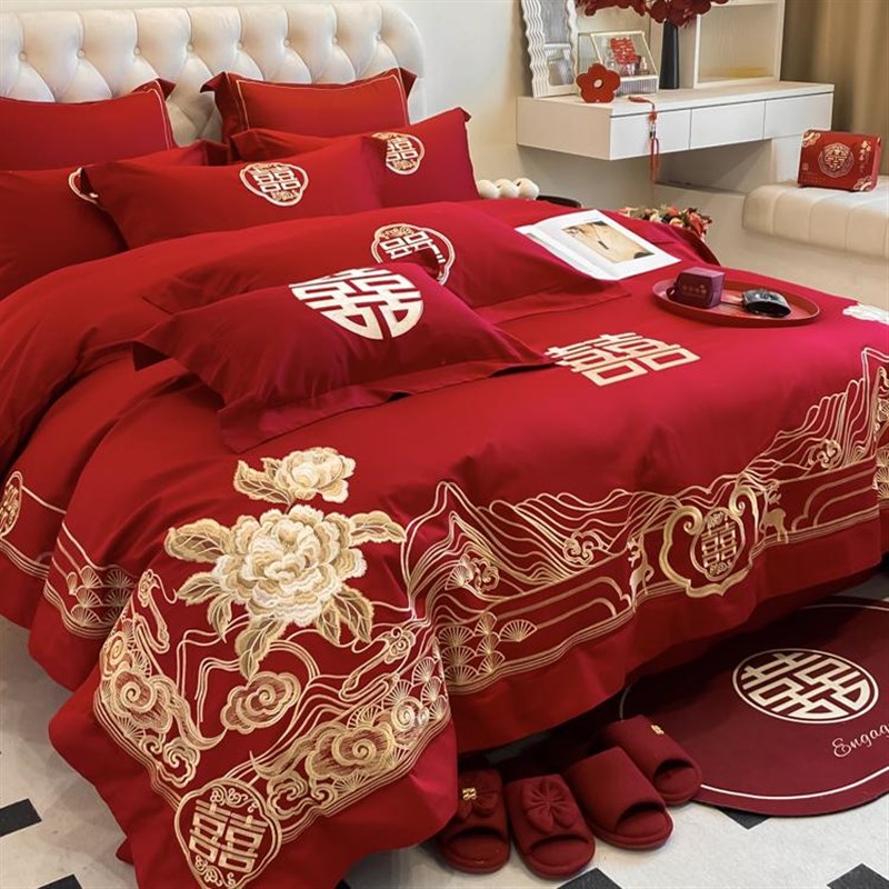 中式龙凤刺绣纯棉婚庆四件套全棉大红色床单高档结婚喜庆被套床品