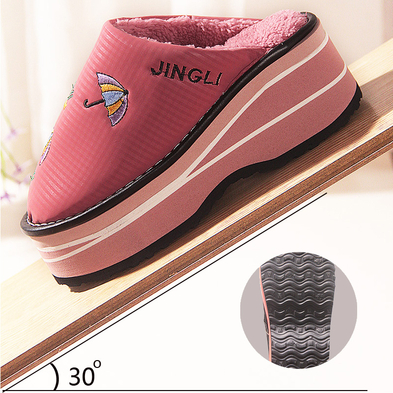 高跟棉拖鞋女冬季无跟厚底外穿防水保暖增高防滑皮面手工泡沫底拖