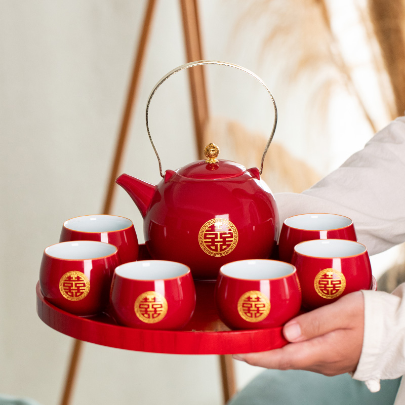 结婚红色茶壶敬茶杯喜碗筷套装焖茶壶女方陪嫁茶具新婚礼物送新人