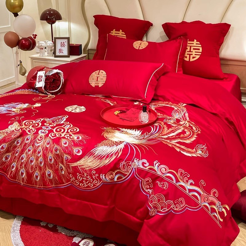 高档龙凤刺绣结婚四件套大红色床单被套纯棉婚庆床上用品婚房喜被