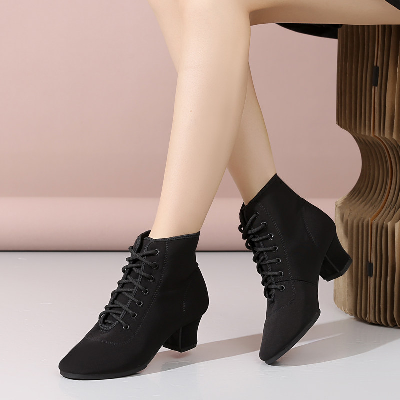 冬季高帮加绒拉丁舞鞋舞蹈鞋女软底中跟跳舞鞋R牛津布水兵广场舞