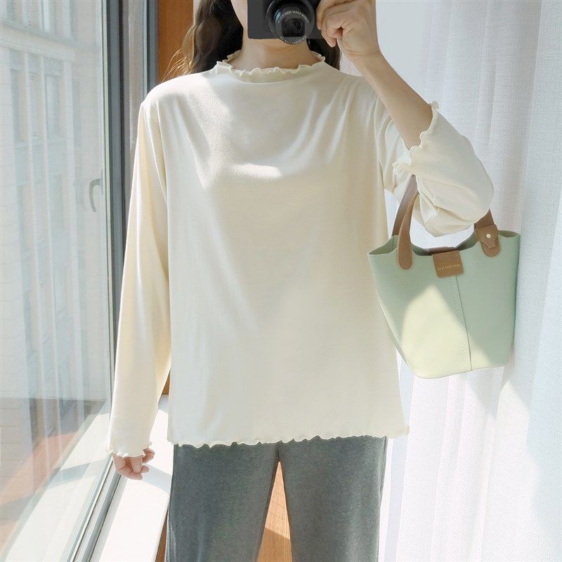 大码打底衫女胖mm木耳边长袖春装新款纯色薄款弹力纯棉T恤内搭潮