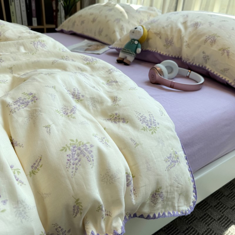 A类母婴级田园小碎花双层纱纯棉四件套1.5m1.8米全棉紫色床上用品