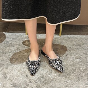 大码女鞋41一43宽胖脚夏季新款凉鞋外穿包头半拖鞋尖头粗跟高跟鞋