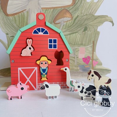 法国Vilac木制l农场动物形状配对积木益智拼装玩具儿童宝宝礼物