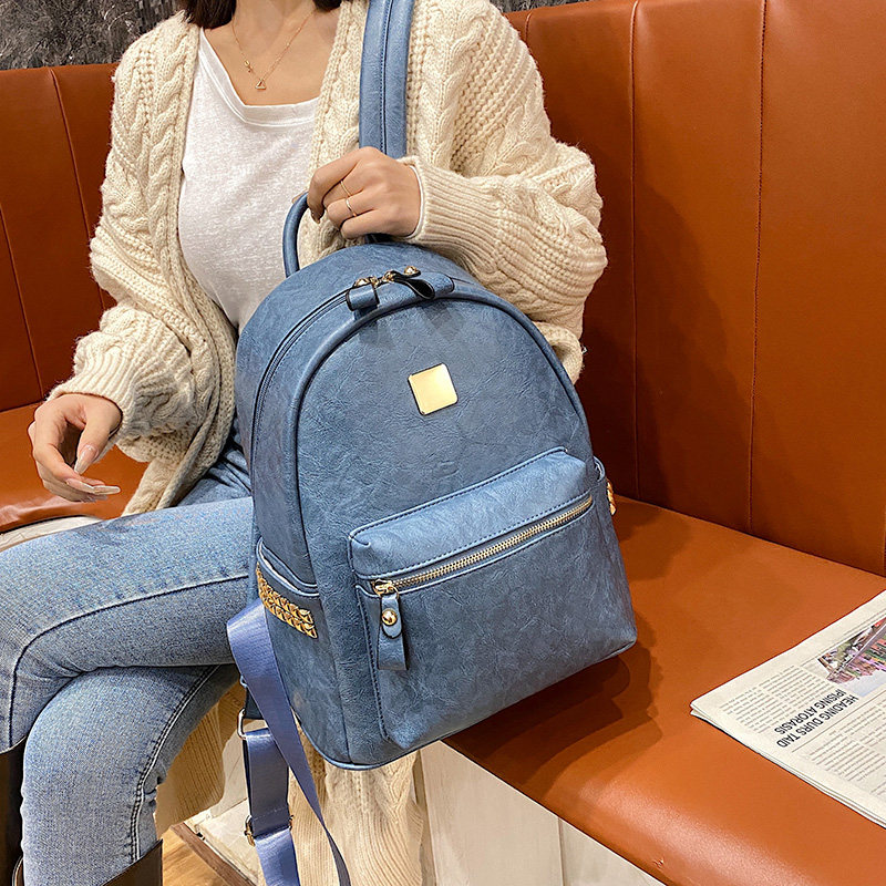 港风古着网红双肩包女o洋气大容量pu书包学院风潮流简约大学生背