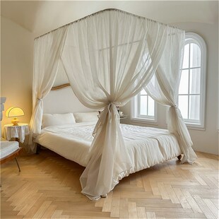 家用U型亚麻遮光蚊帐加密加厚三开门法式公主风卧室民俗防尘床幔