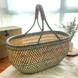 竹编采摘买提菜篮鸡蛋小竹篮筐收纳篮织家用手提大竹篮子水果