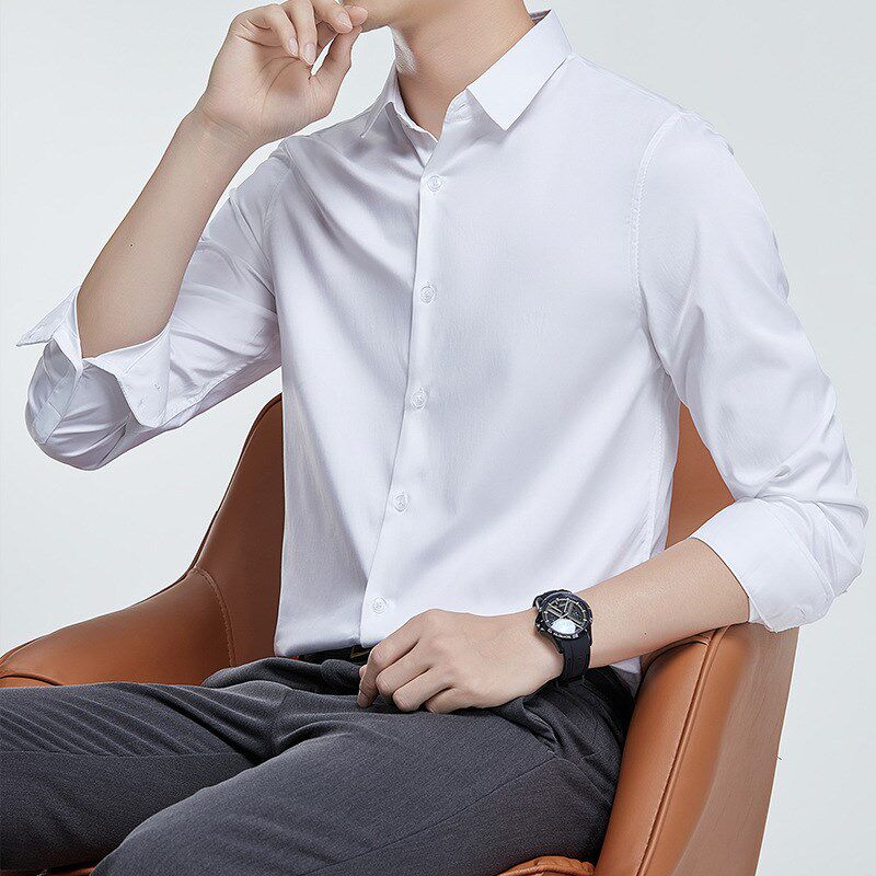 长袖衬衫男春秋季双丝光免烫抗皱衬衣2024高级感纯色休闲正装寸衫
