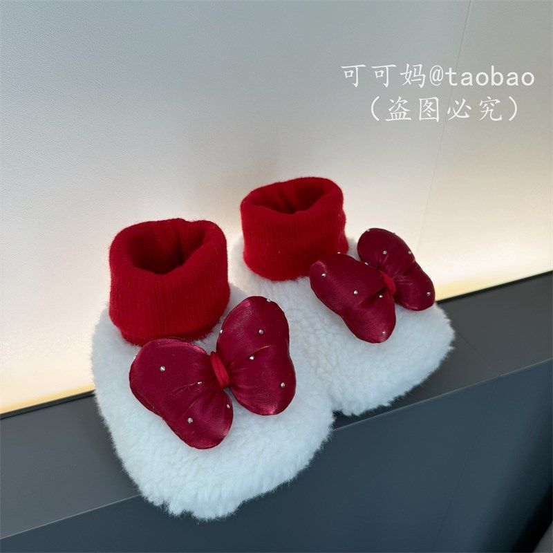0-1岁婴儿鞋冬季过年喜庆婴幼儿棉鞋不掉加绒加厚保暖鞋公主鞋袜