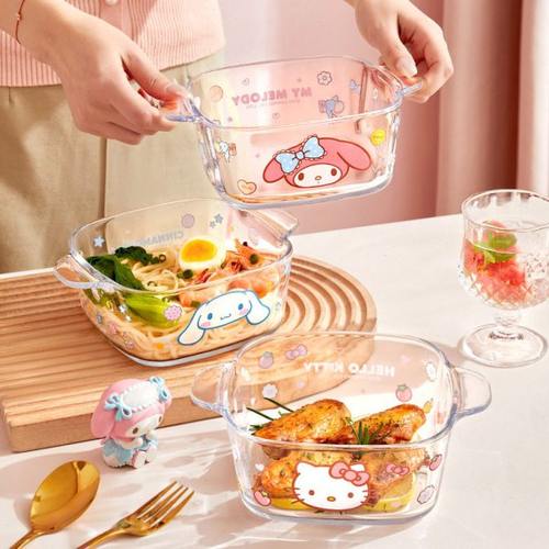 三丽鸥双耳玻璃碗家用餐具卡通可爱拉面饭碗甜品沙拉碗耐温M