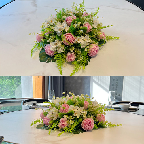 高端酒店大圆桌餐厅宴会中间摆放台花餐桌花摆花转盘装饰仿真假花