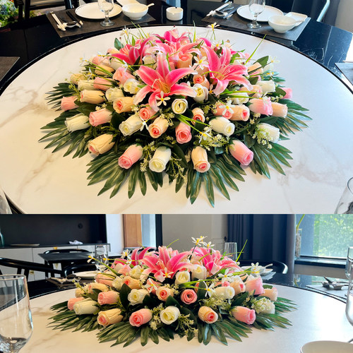 酒店大型餐桌花艺圆桌转盘摆设摆花仿真花假花装饰品绢布玫瑰百合
