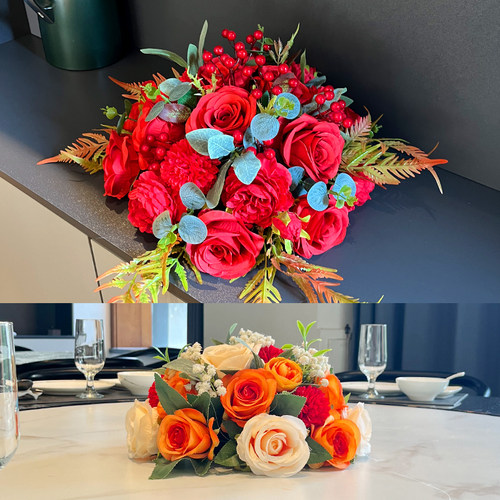 餐厅圆桌桌花饭店餐桌花摆花仿真花酒店餐桌转盘中间装饰花艺摆件