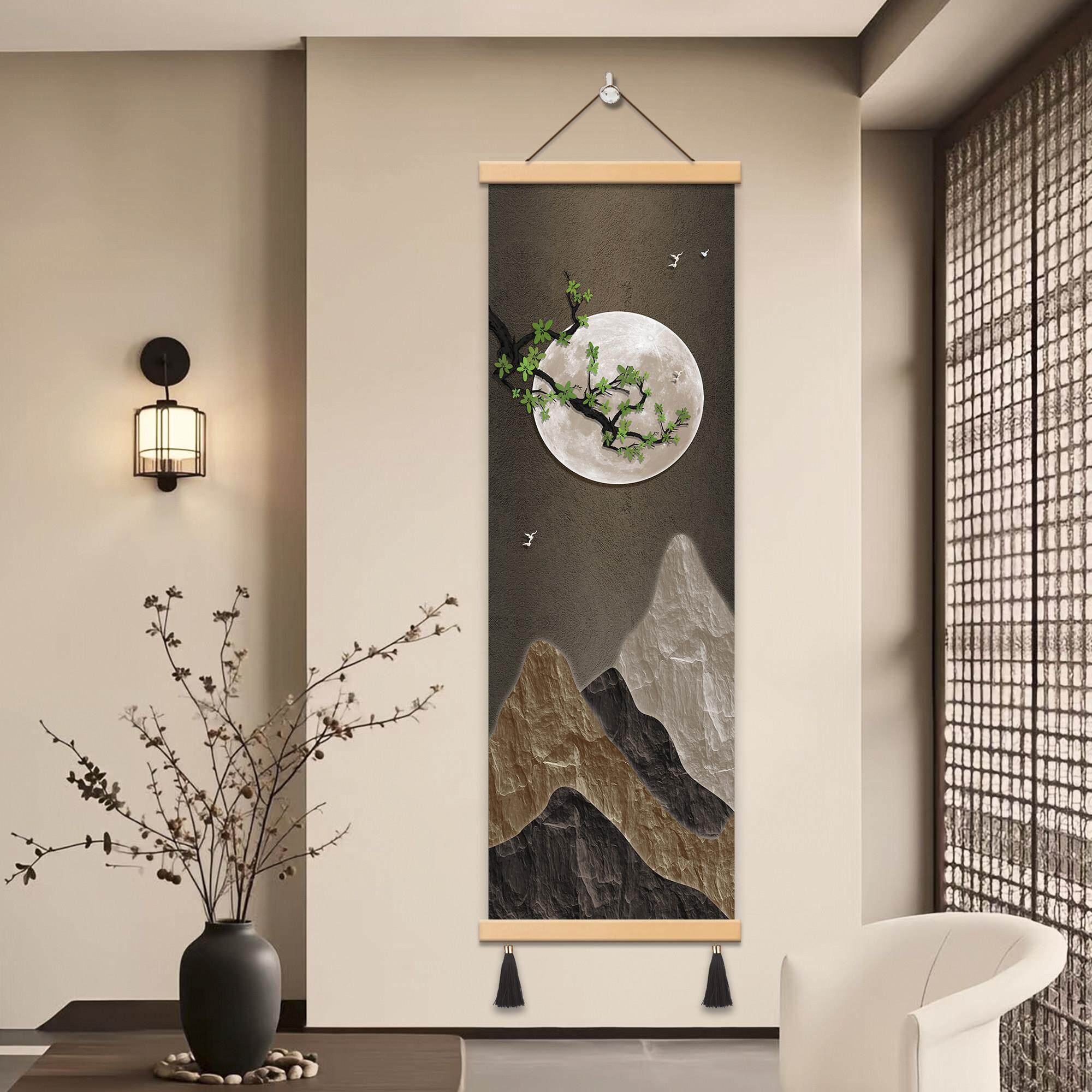 新中式山水画挂画客厅走廊装饰画月亮松树国风壁画